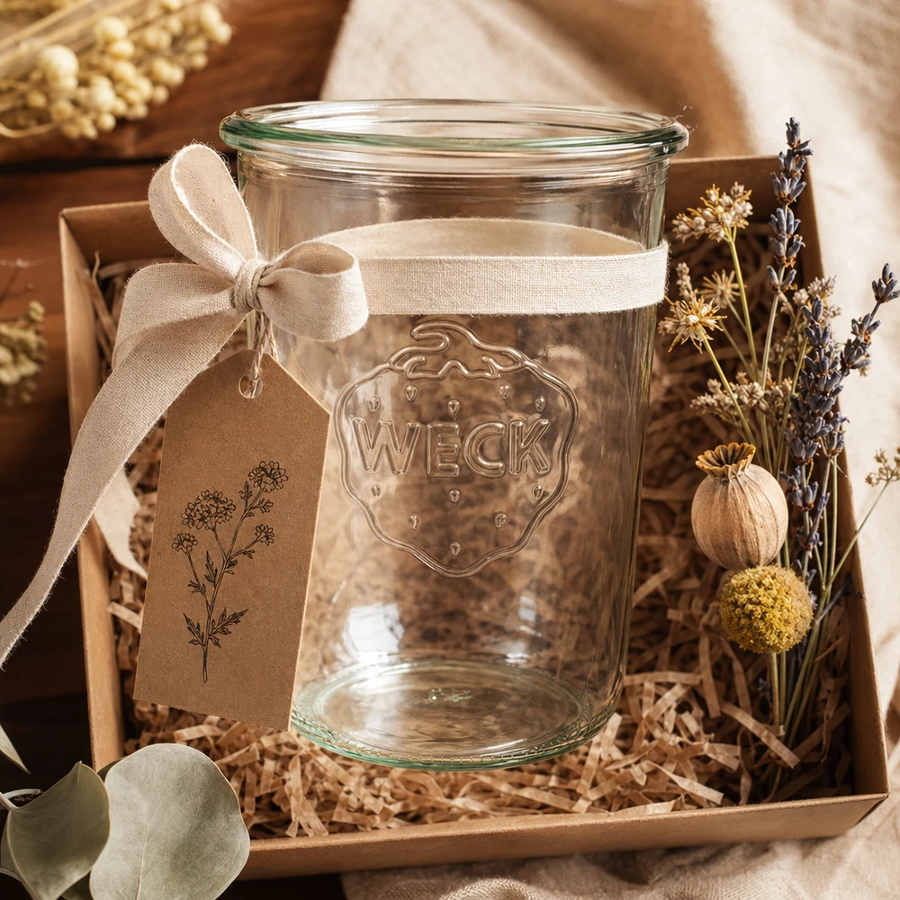 Bicchieri WECK RR100 da 850 ml con nastro e fiori secchi in una confezione regalo su sfondo in legno