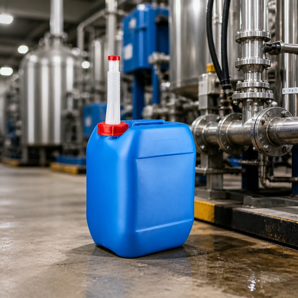 Tanica industriale blu da 10 litri con beccuccio bianco in un moderno impianto di produzione