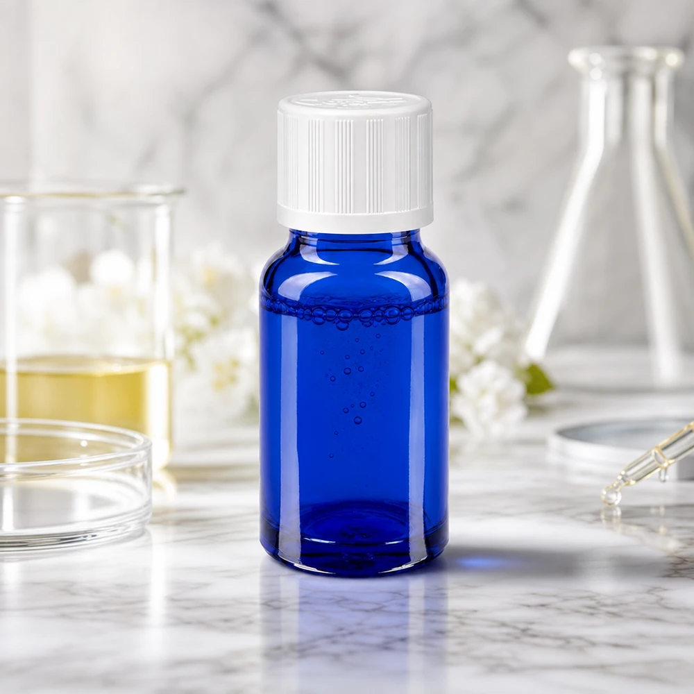 Flacone da farmacia blu da 10 ml con tappo di sicurezza a prova di bambino in laboratorio, tra i matracci di Erlenmeyer