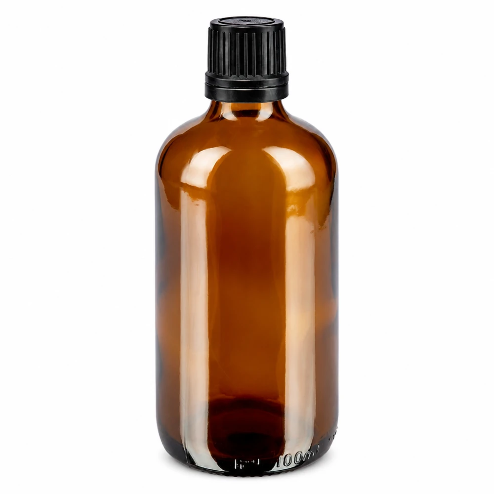 Flacone da farmacia da 100 ml in vetro ambrato con tappo di sicurezza nero e contagocce da 1 mm