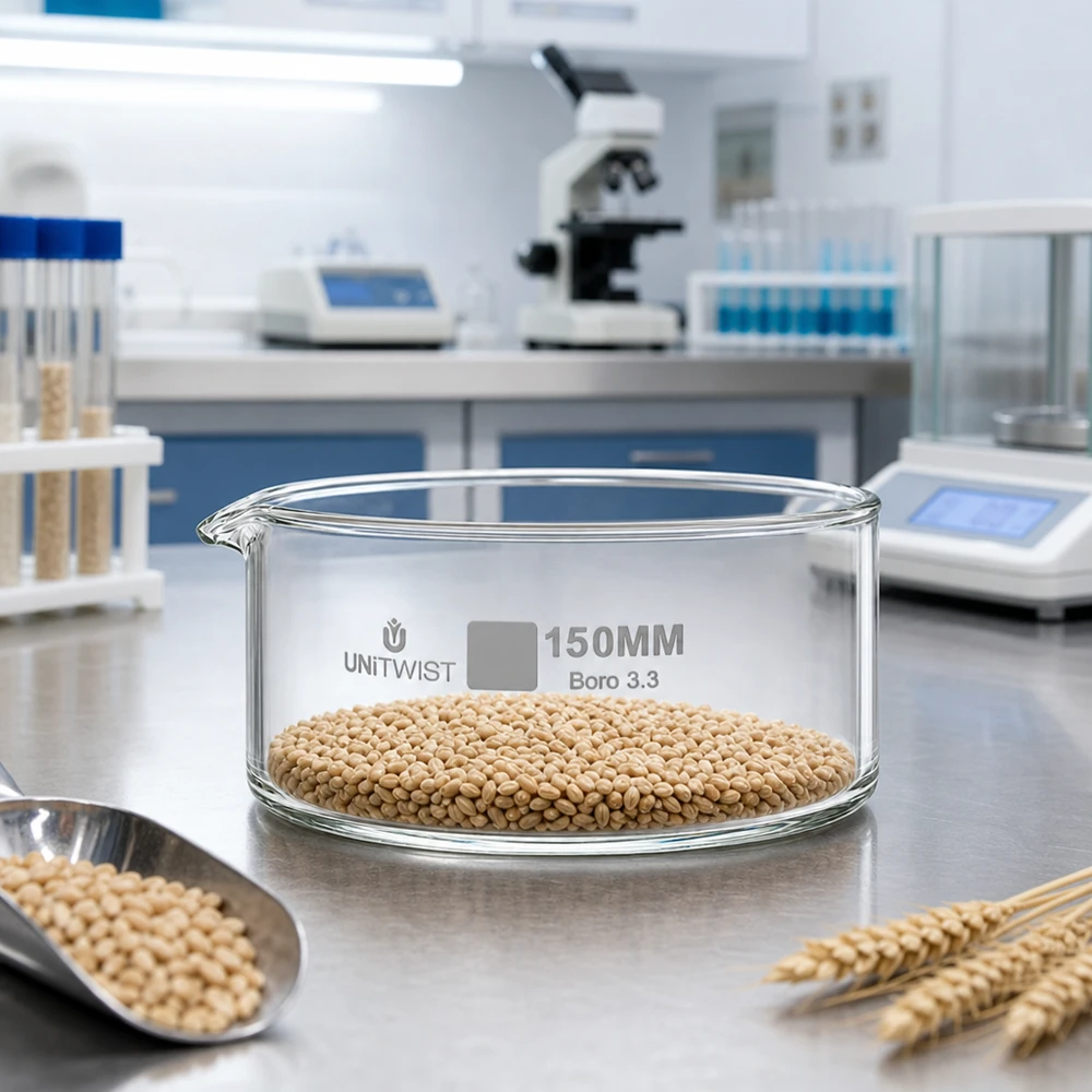 Piatto per cristallizzare ø150mm in vetro borosilicato UNiTWIST Vaschetta di cristallizzazione da 150 mm UNiTWIST Boro 3.3 con chicchi di frumento per l'analisi delle sementi in laboratorio