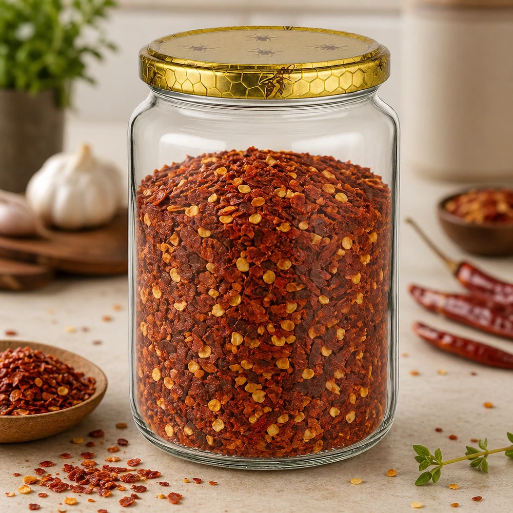 Vasetto per miele da 1000 g con capsula con motivo a favo BasicSeal UNiTWIST Vasetto di miele da 1000 g con coperchio a nido d'ape riempito di peperoncino e spezie su tavolo di legno Cucina Forniture per l'apicoltura
