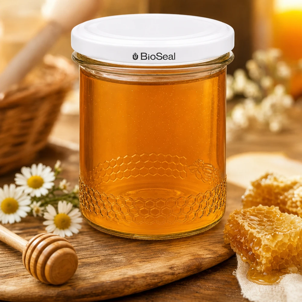 Vasetto per miele da 560 g con capsula bianca BioSeal UNiTWIST Il vasetto di miele UNiTWIST da 400 ml riempito di miele accanto al favo e al diapason mostra l'atmosfera dell'apicoltura tradizionale