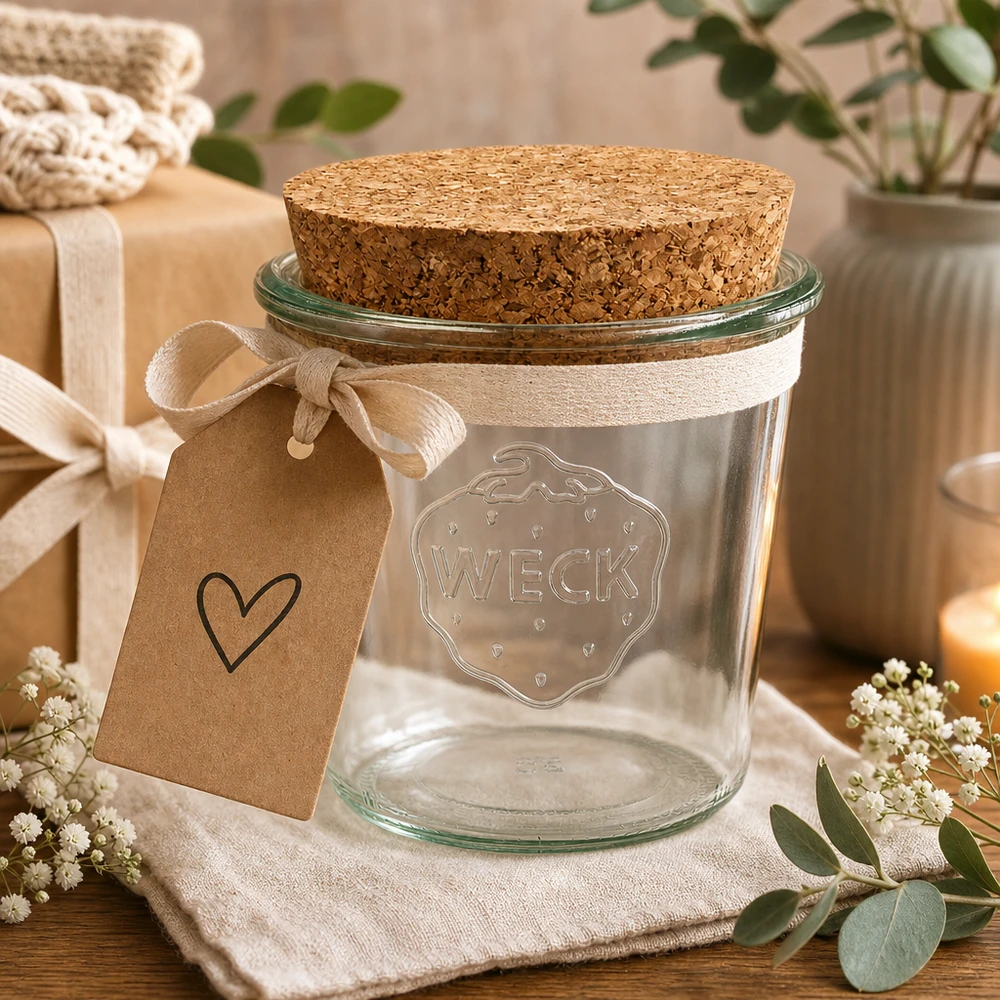 Bicchieri WECK RR100 da 580 ml con tappo in sughero naturale Bicchieri WECK 580ml RR100 come idea regalo con ciondolo a cuore e fiocco disposti in una decorazione da tavolo naturale