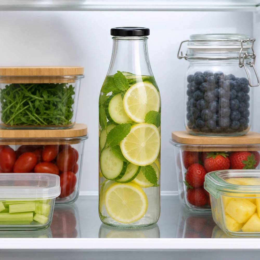 Bottiglia di vetro da 1000 ml + coperchio BasicSeal nero UN.. 1000ml Glasflasche mit Gurken-Zitronen-Infused-Water im Kühlschrank zwischen frischem Obst und Gemüse