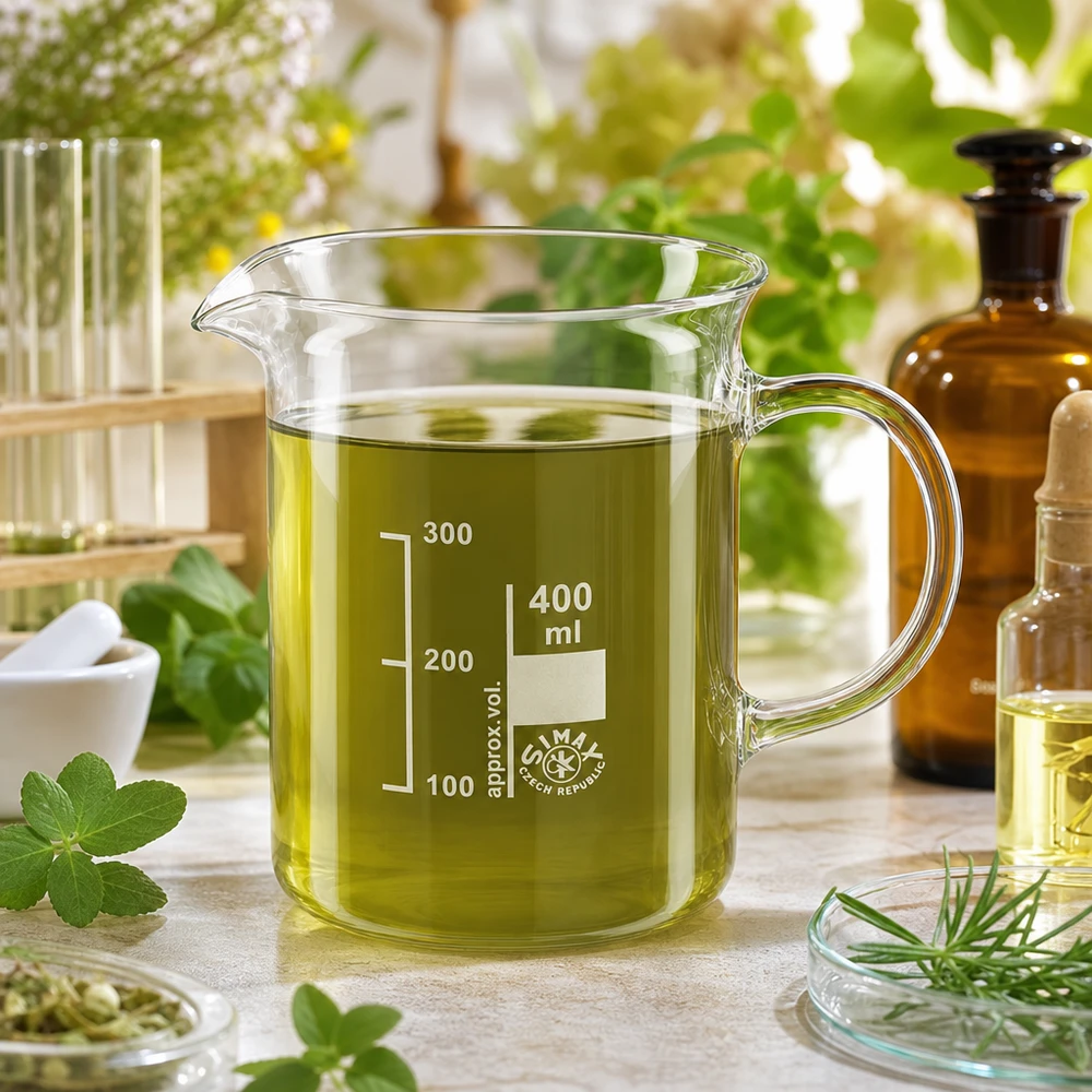 Bicchiere da 400 ml con manico, contenente estratto di erbe verdi; vetro borosilicato; cosmetici naturali