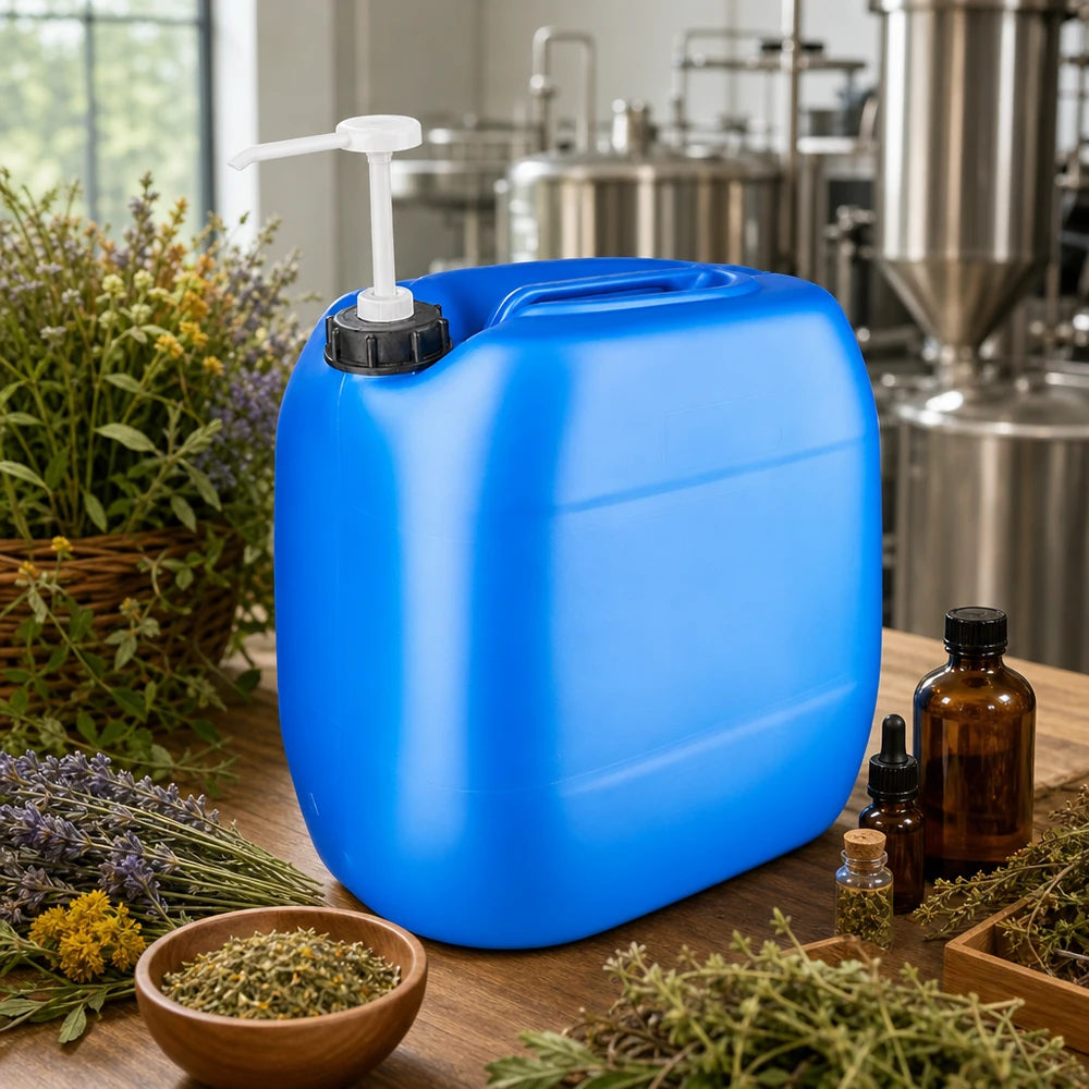 Tanica 30 litri blu con pompa dosatrice Tanica blu da 30 litri con pompa dosatrice, circondata da erbe e oli essenziali nella produzione di cosmetici naturali