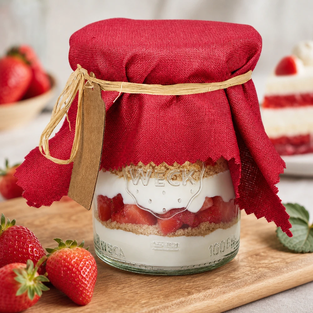 Centrino in tessuto rosso bordeaux da 15 cm su vaso per torta a strati con fragole fresche e decorazione su tavola di legno