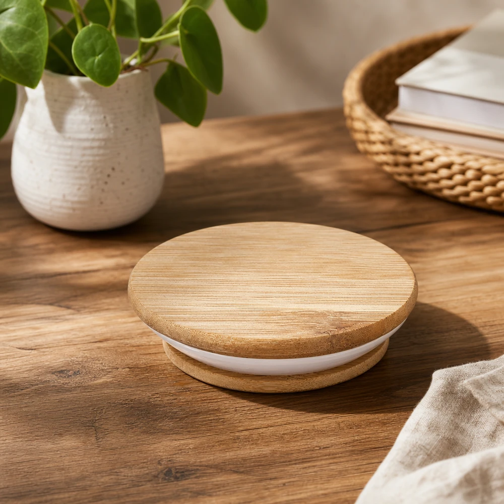Coperchio in legno WECK RR60 su tavolo in legno in ambiente naturale con pianta e cesto come fotografia di prodotto lifestyle
