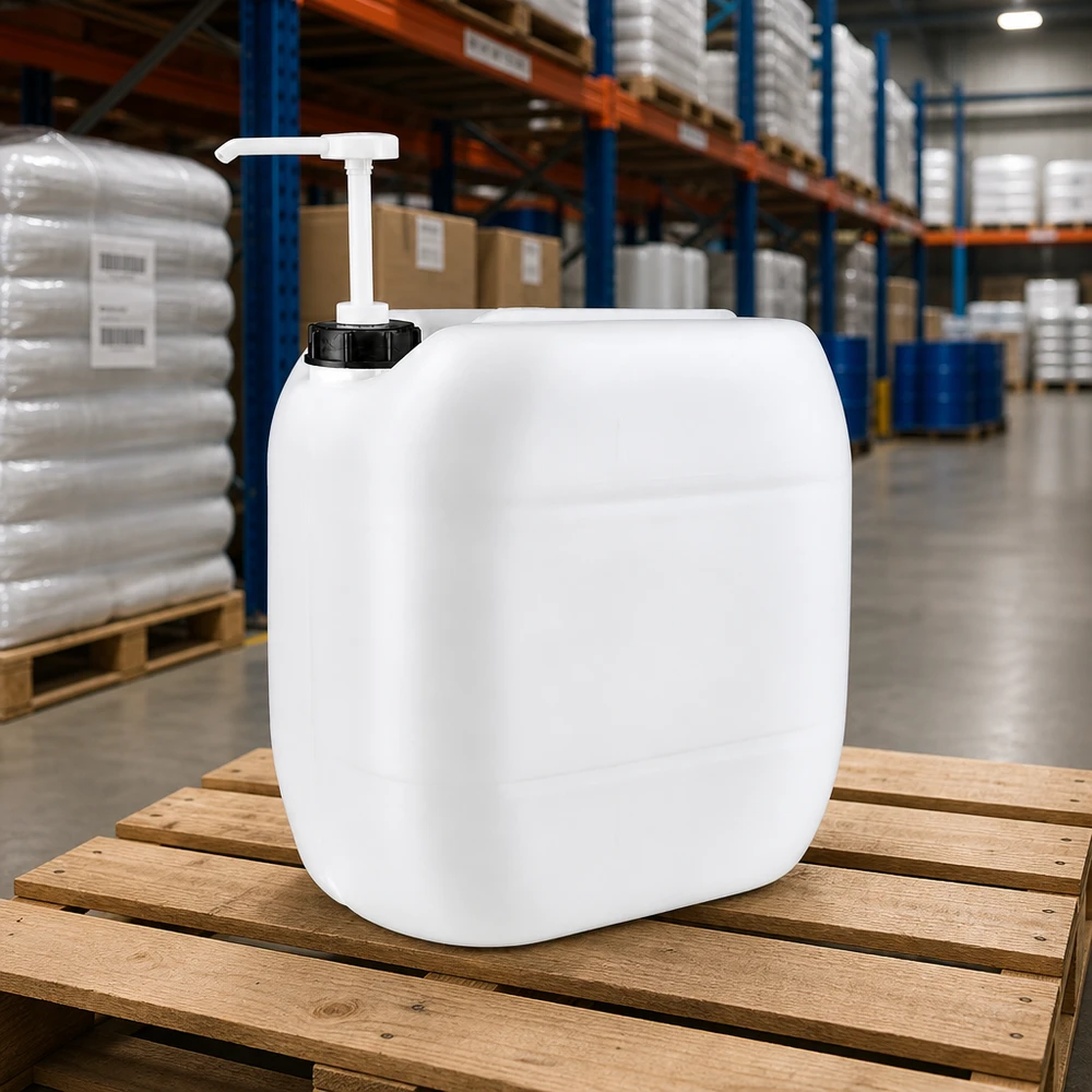 Tanica da 30 litri con pompa dosatrice Tanica quadrata in plastica da 30 litri con pompa dosatrice su pallet di legno in magazzino