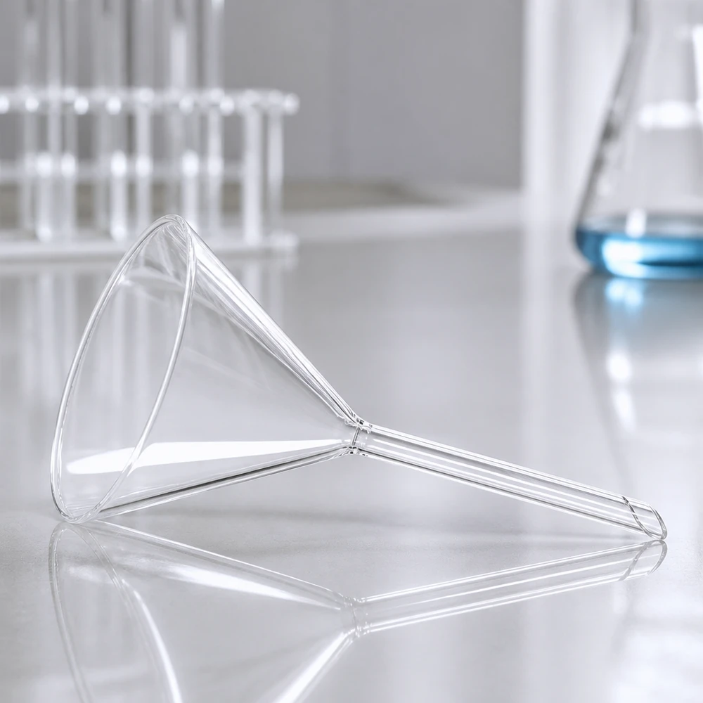 Imbuto Ø 85mm in borosilicato angolo 60 corto Imbuto in vetro trasparente da 85 mm con manico corto per applicazioni chimiche in laboratorio