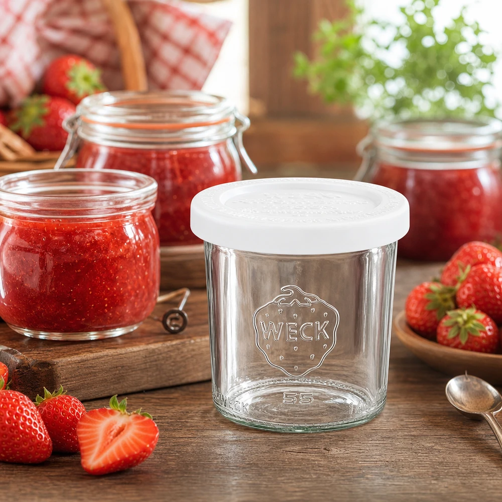 Vaso di vetro da 140 ml con coperchio ermetico WECK RR60 Vaso da conserva WECK 140ml con fragole e marmellata su un tavolo di legno - Vaso RR60 per marmellate e creme spalmabili