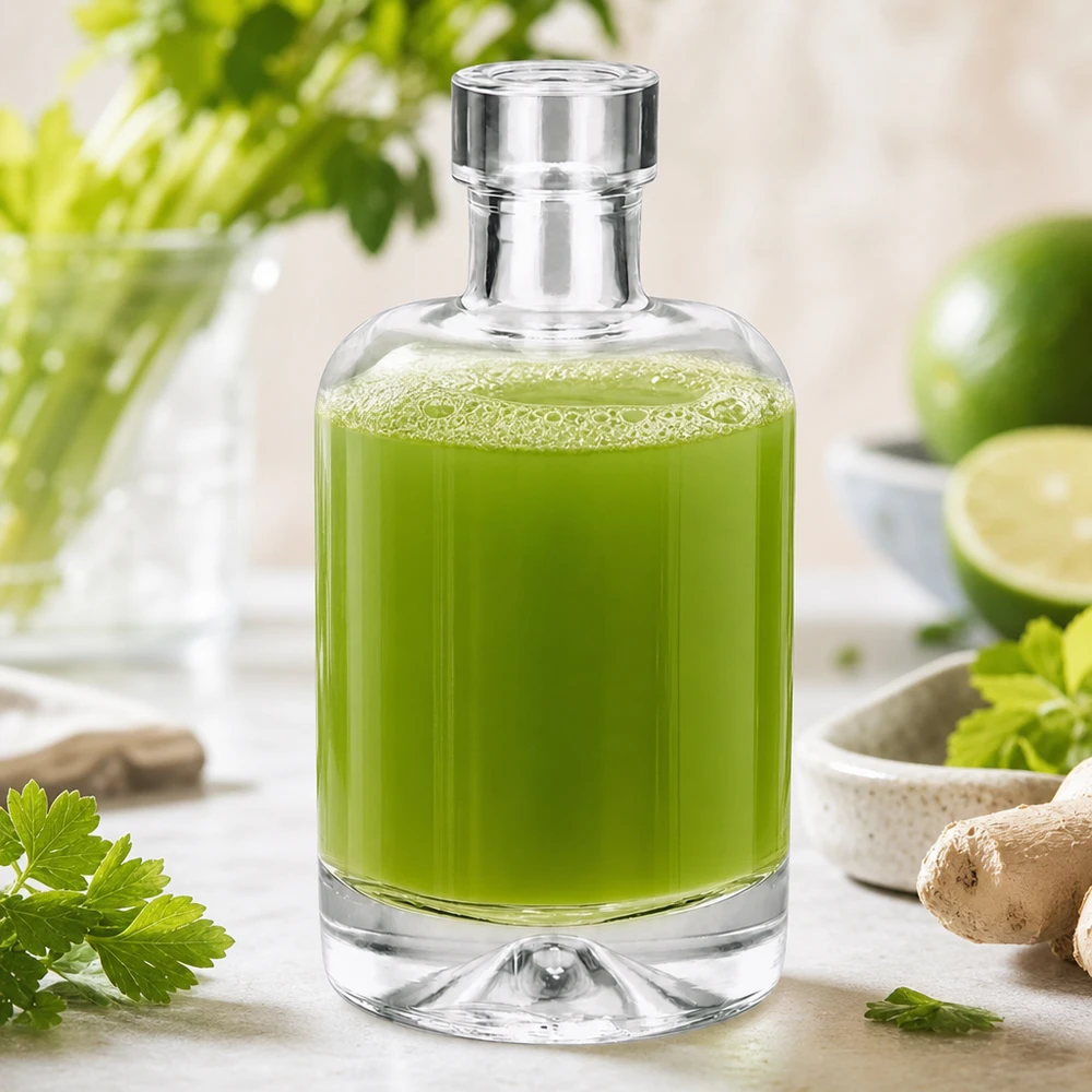 Bottiglia in vetro da 50 ml 50ml Glasflasche "Amelie" ohne Verschluss UNiTWIST senza tappo UNiTWIST® Il flacone di vetro da 50 ml Amelie, riempito di estratto di erbe verdi accanto a erbe fresche e lime, mostra l'applicazione di cosmetici naturali.