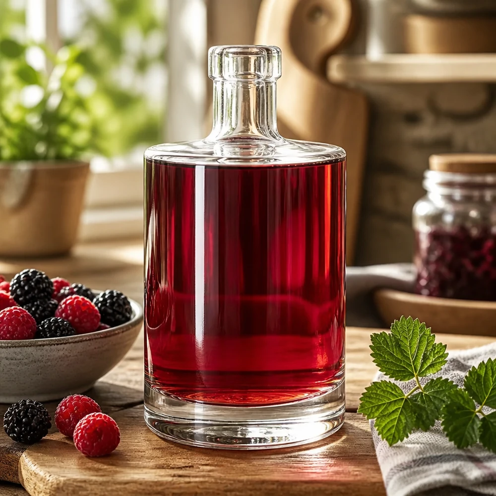 Bottiglia in vetro da 500 ml Marie senza tappo UNiTWIST® 500ml Glasflasche Marie gefüllt mit rotem Beerenlikör umgeben von frischen Himbeeren und Brombeeren als Dekoidee