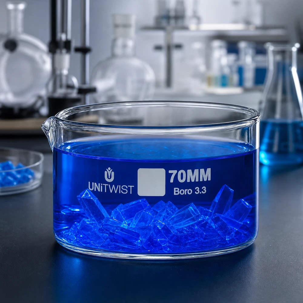 Piatto per cristallizzazione ø70mm in vetro borosilicato UNiTWIST Vaschetta di cristallizzazione da 70 mm UNiTWIST in vetro borosilicato 3.3 con soluzione blu e cristalli in laboratorio