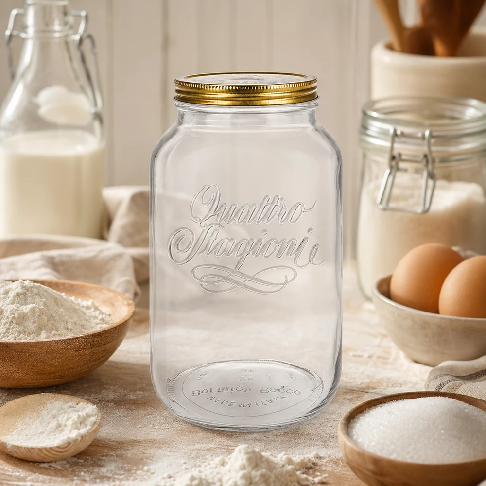 Quattro Stagioni 3800ml vaso rotondo in cucina rustica circondato da ingredienti da forno farina uova e latte vaso di stoccaggio
