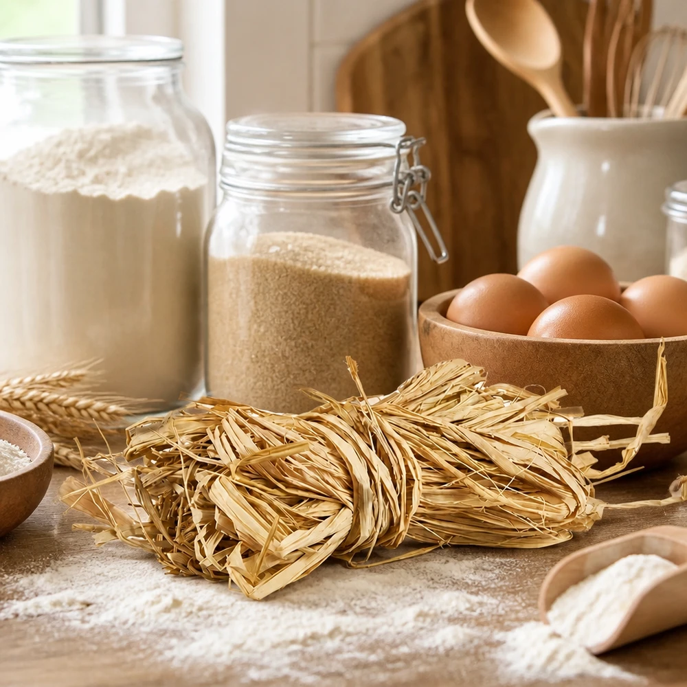 La rafia naturale 30g beige dorato come aiuto in cucina per i fagotti di pasta insieme a uova e farina mostra l'uso tradizionale