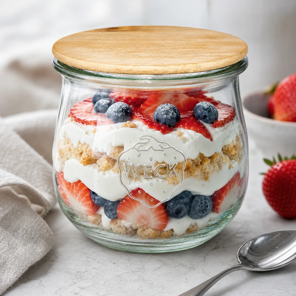 Barattolo a tulipano da 370 ml WECK RR80 con coperchio in legno WECK vaso a tulipano 370ml RR80 con coperchio in legno come vaso da dessert riempito con trifle ai frutti di bosco e crema su superficie bianca