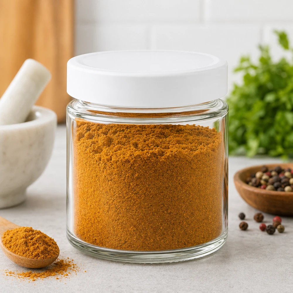 Barattolo rotondo da 135 ml con curcuma in polvere Coperchio BasicSeal bianco Conservazione delle spezie Organizzazione della cucina