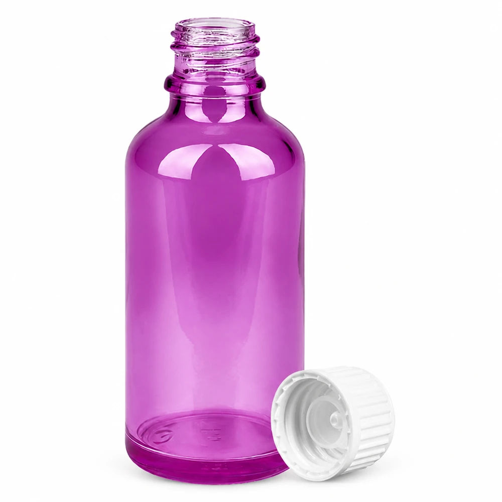 Flacone da 50 ml (globuli) con anello versatore da 3 mm bianco Standard PurpleLine. UT18/50 Contenitore in vetro viola da 50 ml con tappo a vite perfetto per cosmetici ed essenze fai da te