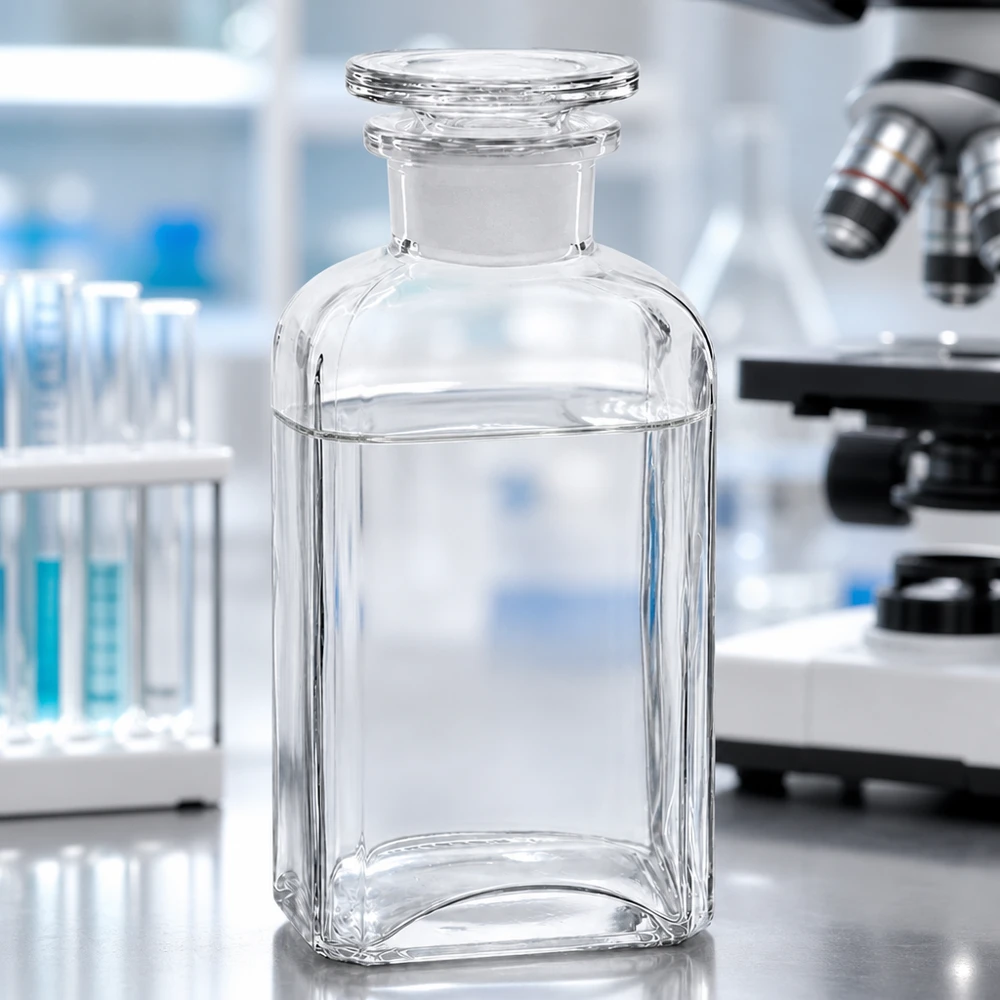 Bottiglia quadrata da 250 ml in vetro trasparente a collo largo con tappo di vetro, sul banco da lavoro del laboratorio accanto al microscopio