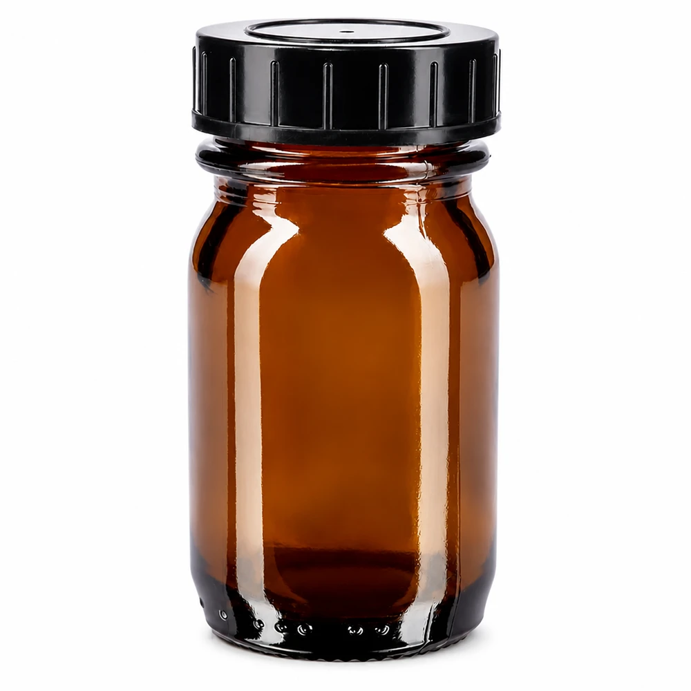 Bottiglia a collo largo da 30 ml in vetro ambrato con tappo a vite Bottiglia a collo largo da 30 ml in vetro ambrato con tappo a vite nero per una conservazione sicura