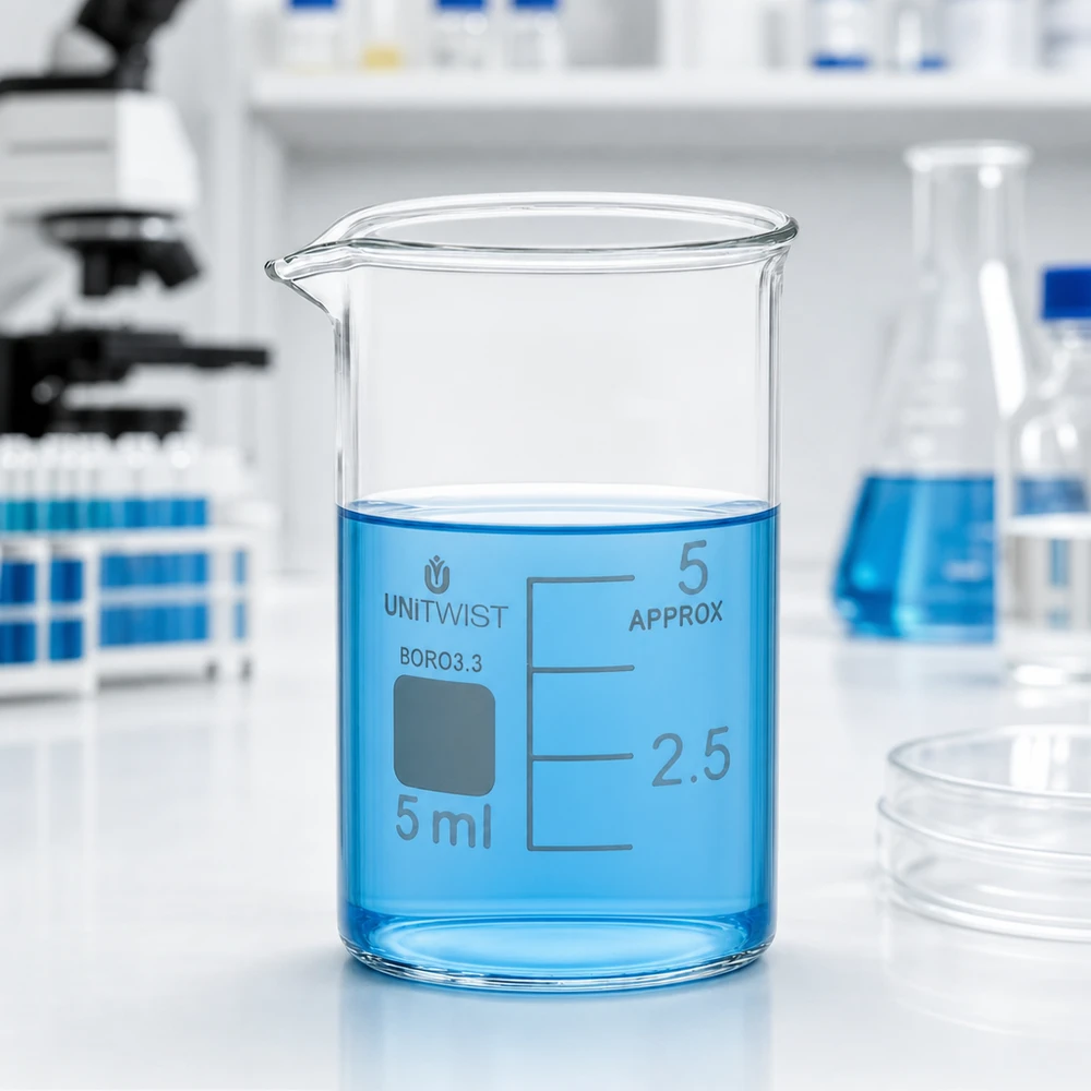 Bicchiere da laboratorio UNiTWIST da 5 ml in borosilicato, di forma bassa, con liquido blu al suo interno