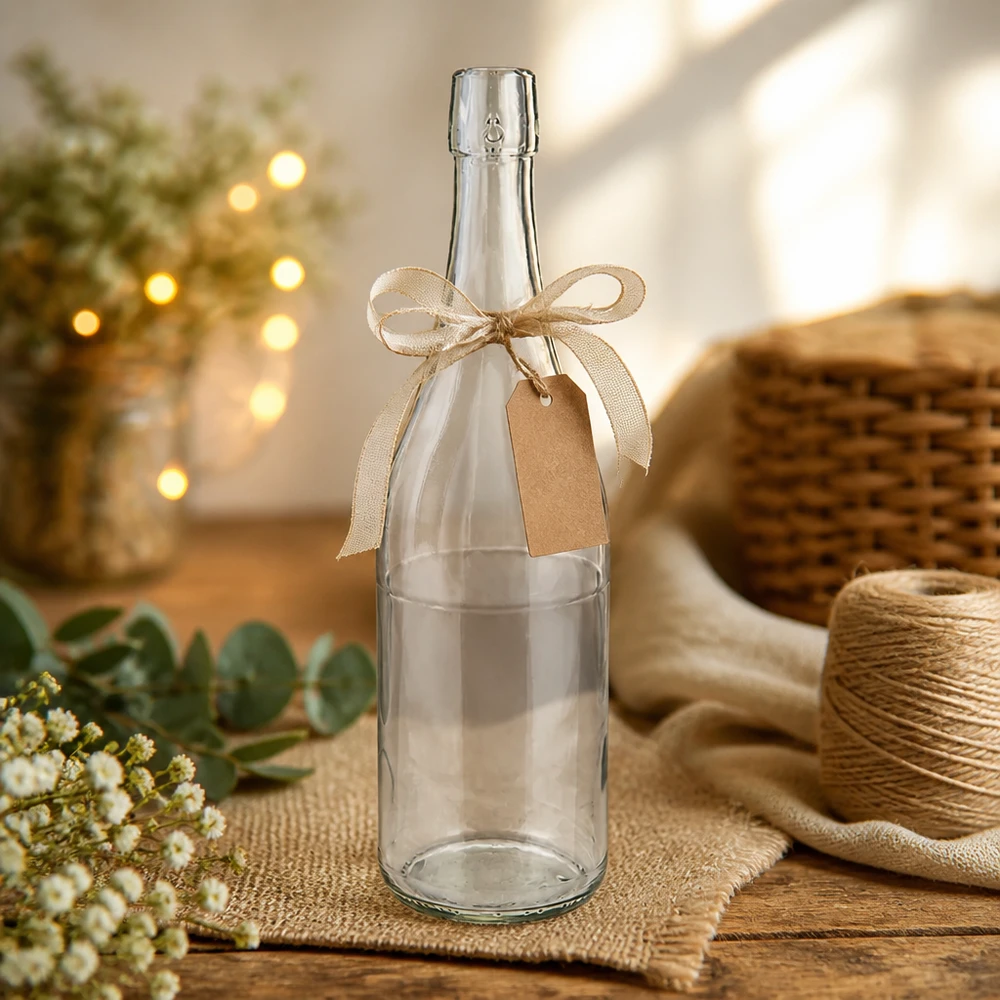 Bottiglia in vetro da 750 ml senza tappo UNiTWIST Bottiglia di vetro UNiTWIST da 750 ml decorata con fiocco e etichetta regalo in materiale artigianale rustico di juta