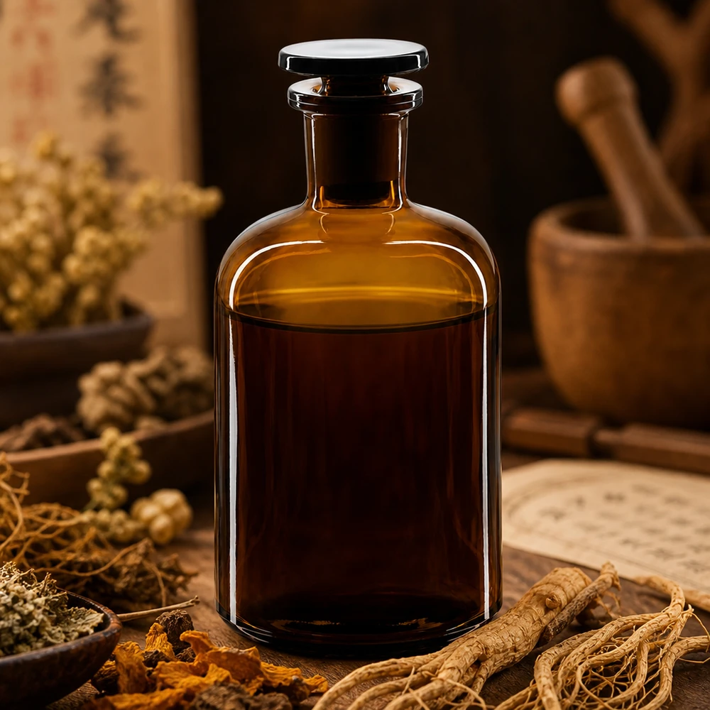 Bottiglia a spalla arrotondata da 250 ml, di colore marrone, con collo stretto e tappo di vetro, per erbe medicinali tradizionali