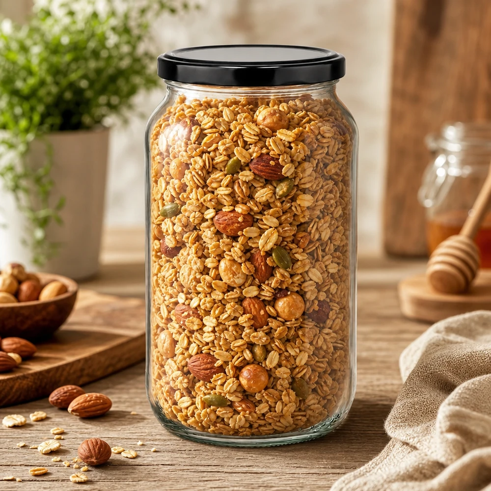 Barattolo rotondo da 1062 ml con coperchio BasicSeal nero UNiTWIST. Barattolo rotondo da 1062 ml con muesli e frutta secca - Barattolo grande per alimenti secchi con coperchio nero