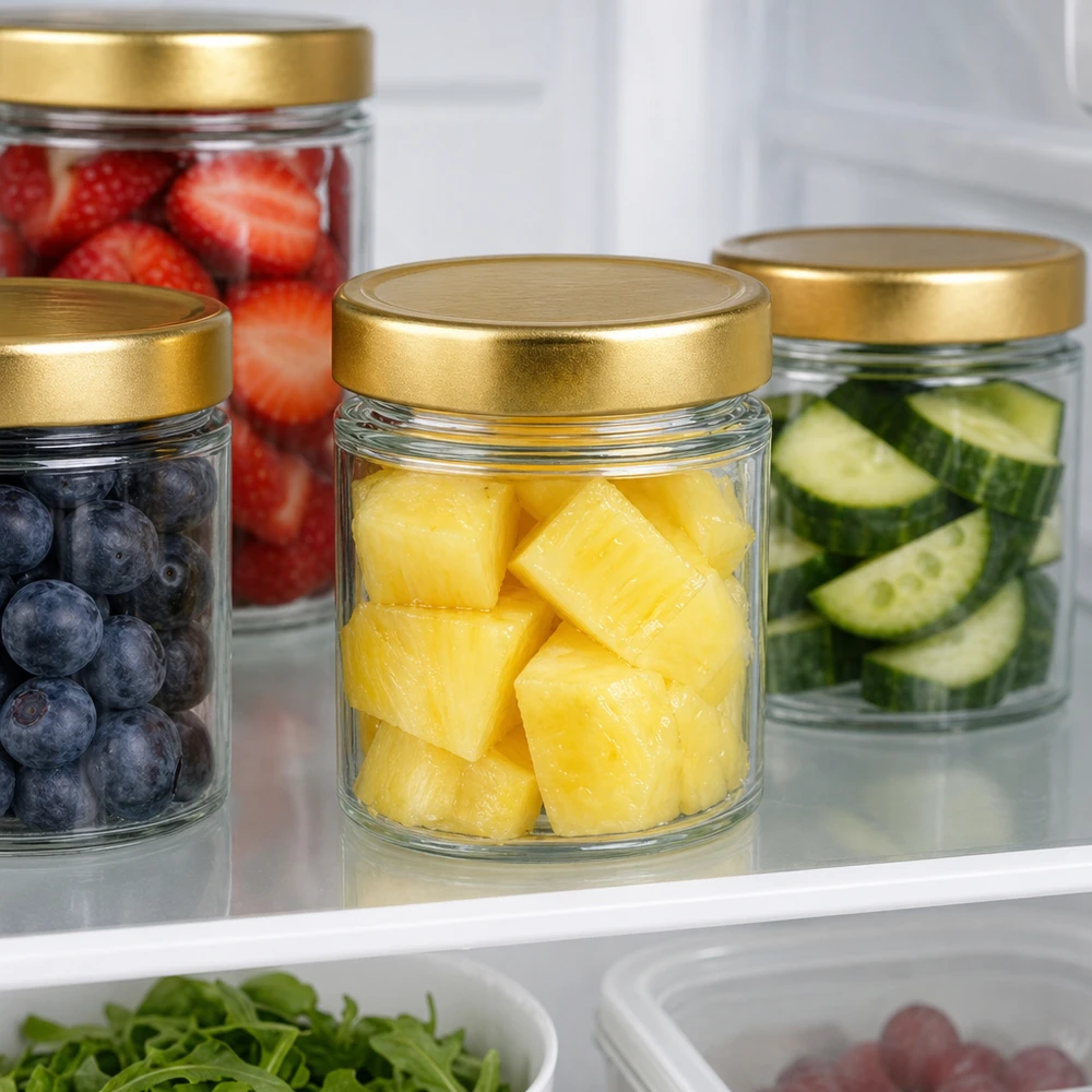 Barattolo rotondo da 154 ml con coperchio BasicSeal oro profondo UN.. 154ml Rundglas BasicSeal gold im Kühlschrank mit Obst Ananas Beeren Gurken frische Lebensmittel Meal Prep Aufbewahrung