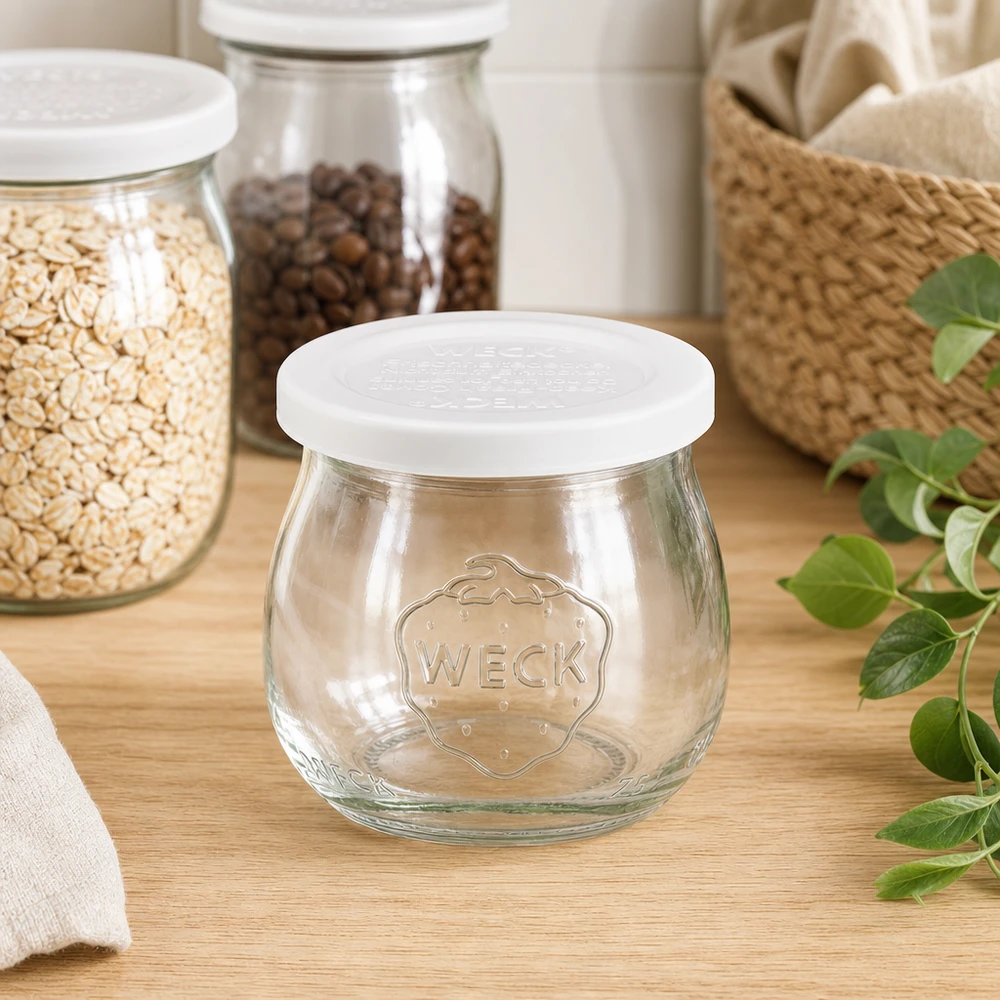 WECK barattolo tulipano 75ml RR40 vuoto in cucina con barattoli di stoccaggio chicchi di caffè d'avena e decorazione cesto di vimini