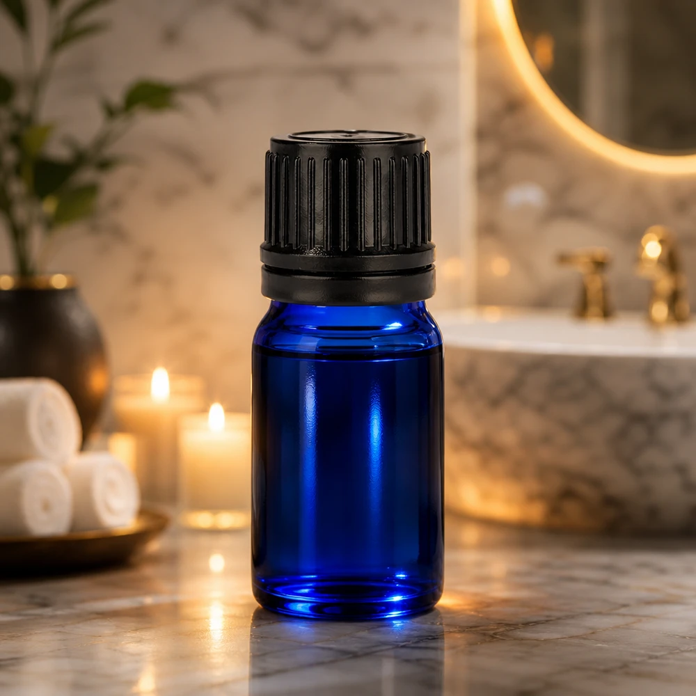 Bottiglia da 5ml 11mm SV nero OV BlueLine UT18/5 Flacone per farmacia da 5 ml in vetro blu con tappo a vite nero a prova di bambino