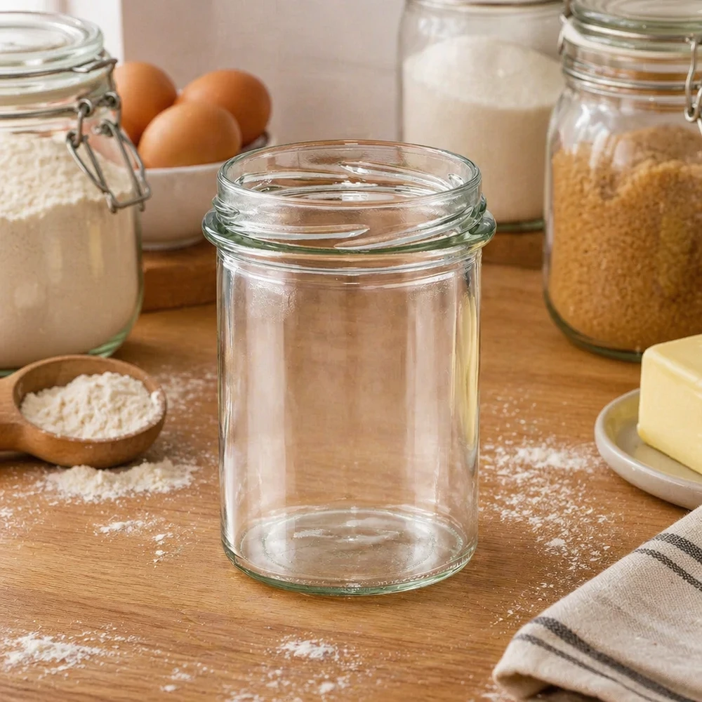 UNiTWIST Sturz230 - tumbler capacità 230ml TO66 UNiTWIST Sturz230 tumbler 230ml TO66 vuoto sul tavolo di legno tra gli ingredienti da forno, le uova e i barattoli per le conserve.