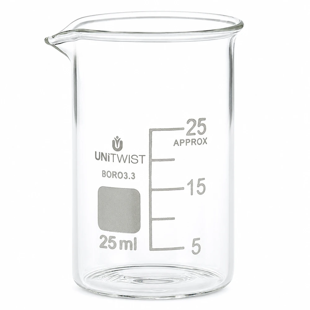 Bicchiere da 25 ml in vetro borosilicato a forma bassa di UNiTWIST con scala in millilitri