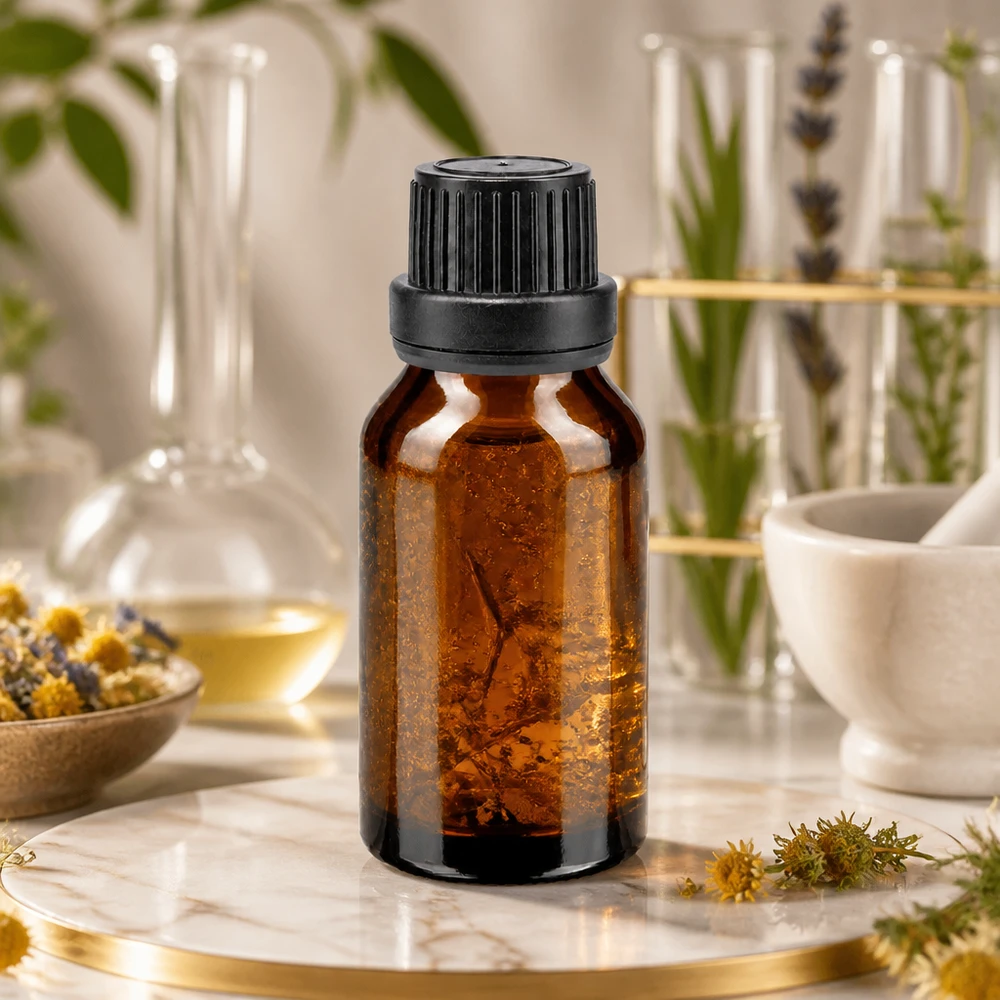 Bottiglia da farmacia marrone 15ml con tappo contagocce. Pr. 2mm nero OV Flacone da 15 ml in vetro ambrato con tappo originale nero, posato su una lastra di marmo tra erbe medicinali e strumenti da laboratorio