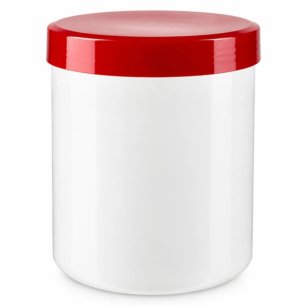 Vasetto vuoto per pomata da 200 ml, bianco con tappo a vite rosso in PP
