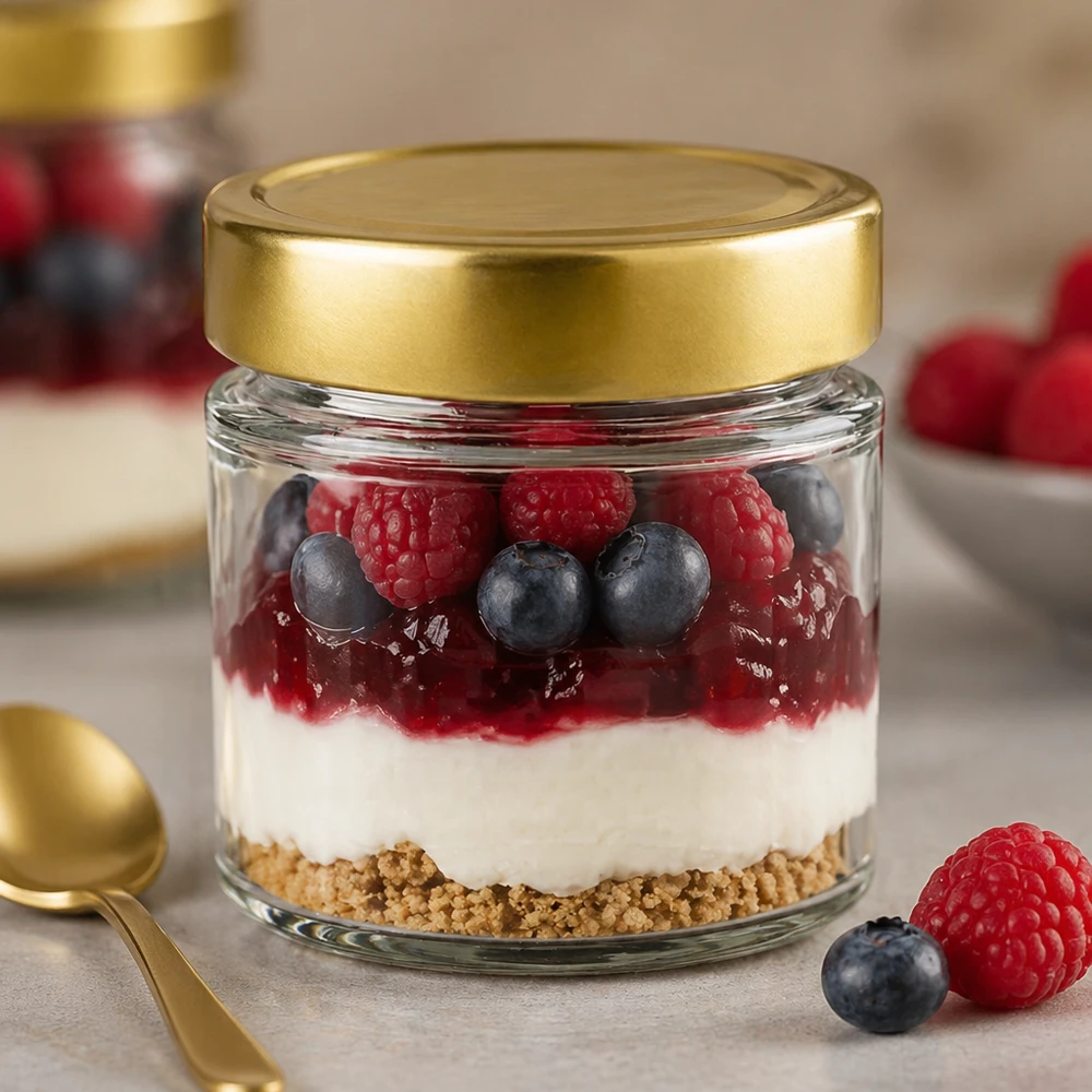 Barattolo rotondo da 154 ml con coperchio BasicSeal oro profondo UN.. 154 ml di bicchiere rotondo BasicSeal oro riempito con dessert yogurt frutti di bosco mirtilli lamponi crumble dessert a strati