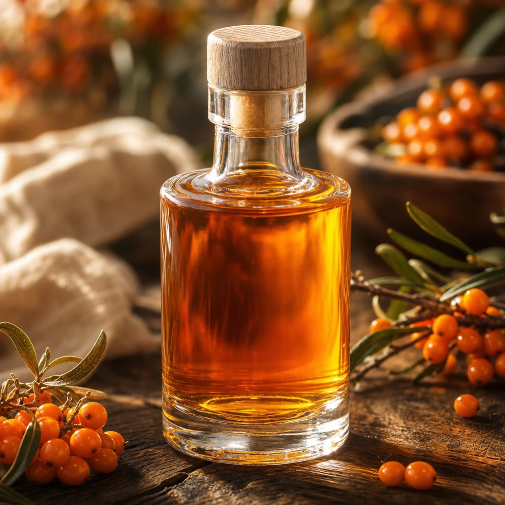 Bottiglia in vetro da 100 ml Marie con tappo in sughero con impugnatura in legno UNiTWIST® Bottiglia da 100 ml in vetro Marie con tappo in legno riempita con liquido ambrato decorato con bacche di olivello spinoso naturale