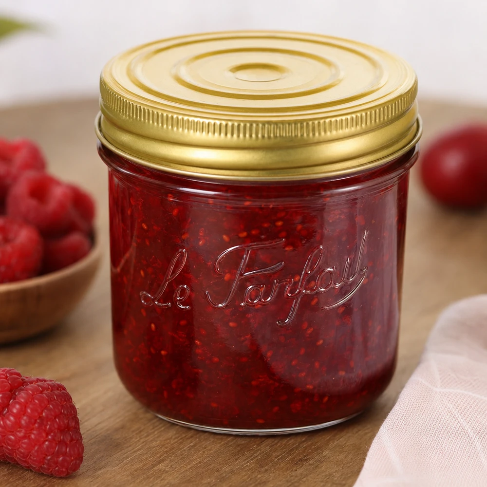 Vasetto Familia Wiss da 415 ml con coperchio dorato riempito di marmellata rossa accanto a fragole fresche su un tavolo di legno