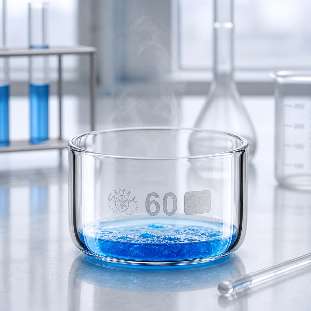 Bicchiere per cristallizzazione da 60 ml senza beccuccio Bo.. ø60mm Vaschetta di cristallizzazione Simax da 60 ml con liquido blu e vapore che sale in laboratorio