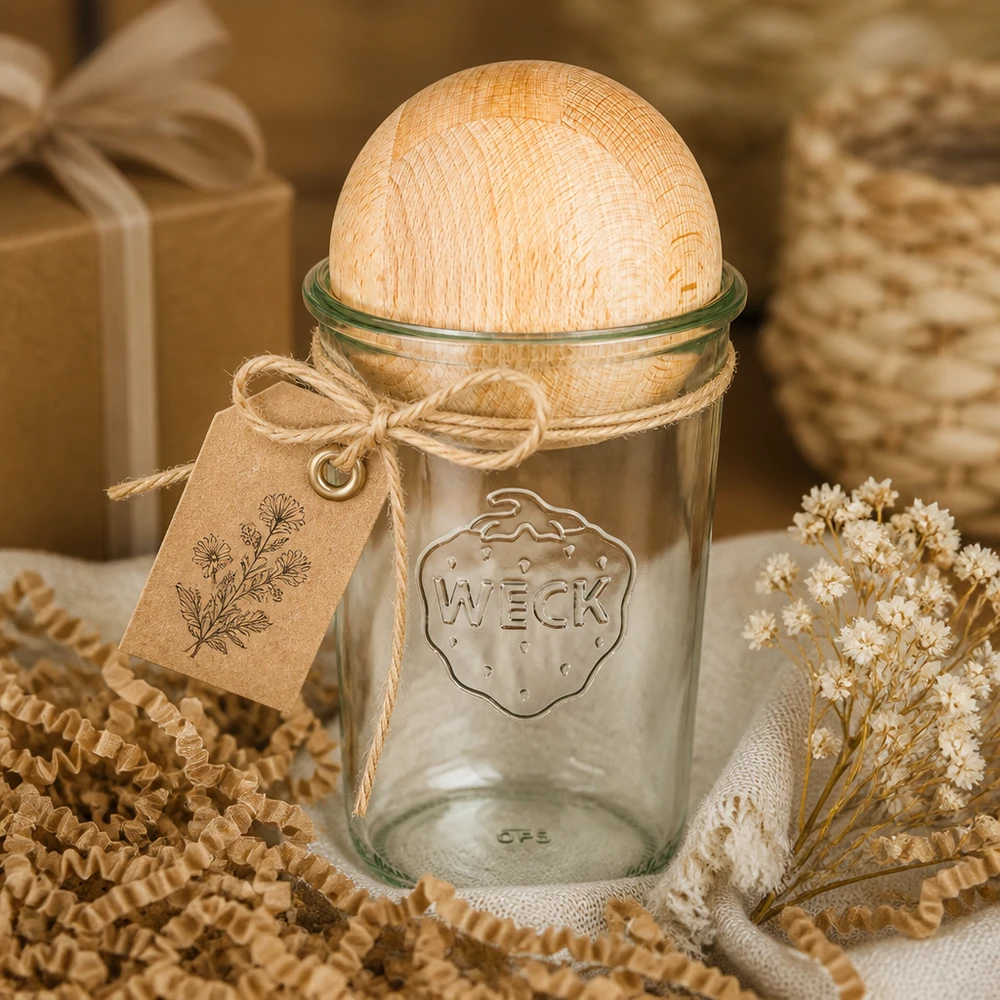 Vaso a tulipano da 850 ml WECK RR100 con sfera in legno di faggio WECK RR100 tumbler 850ml con sfera in legno di faggio come idea regalo, decorata con carta artigianale e fiori secchi