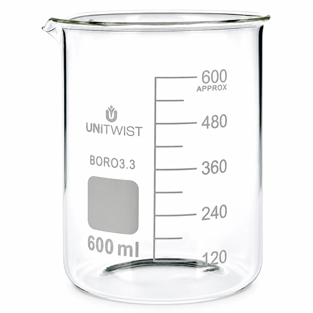 Bicchiere da laboratorio da 600 ml in borosilicato, forma bassa, con scala millimetrica, di UNiTWIST