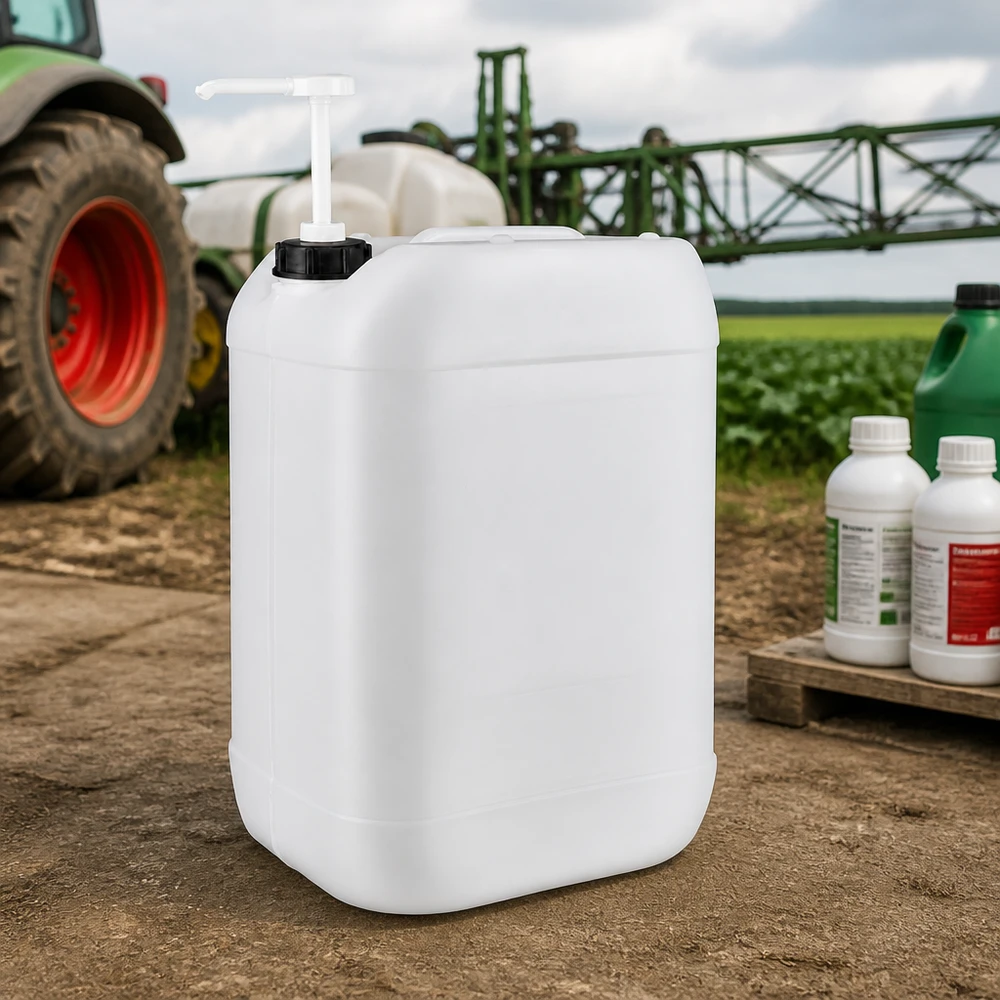 Tanica da 25 litri con pompa dosatrice Contenitore agricolo da 25 litri con pompa dosatrice, davanti al trattore e all’irroratrice in un’azienda agricola