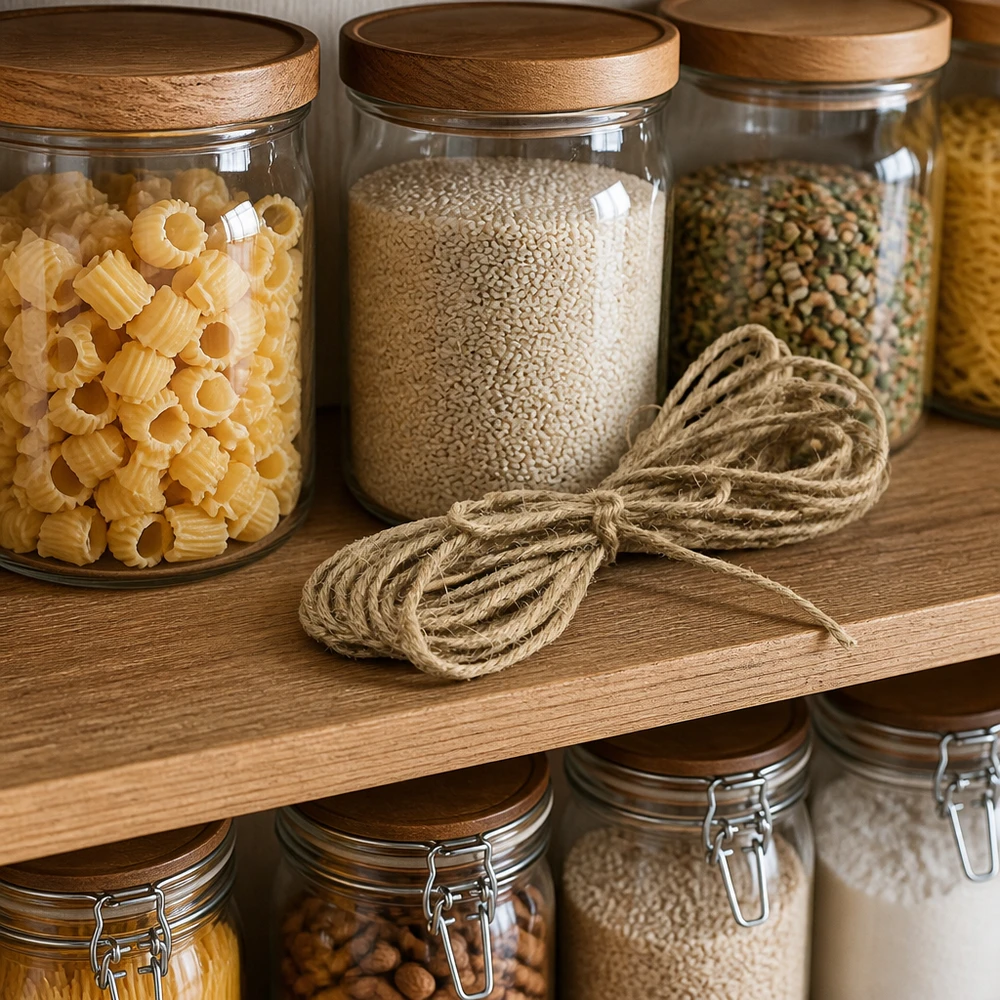 Corda di iuta naturale di 300 cm decorativa in cucina con barattoli di vetro e ripiani in legno come decorazione naturale