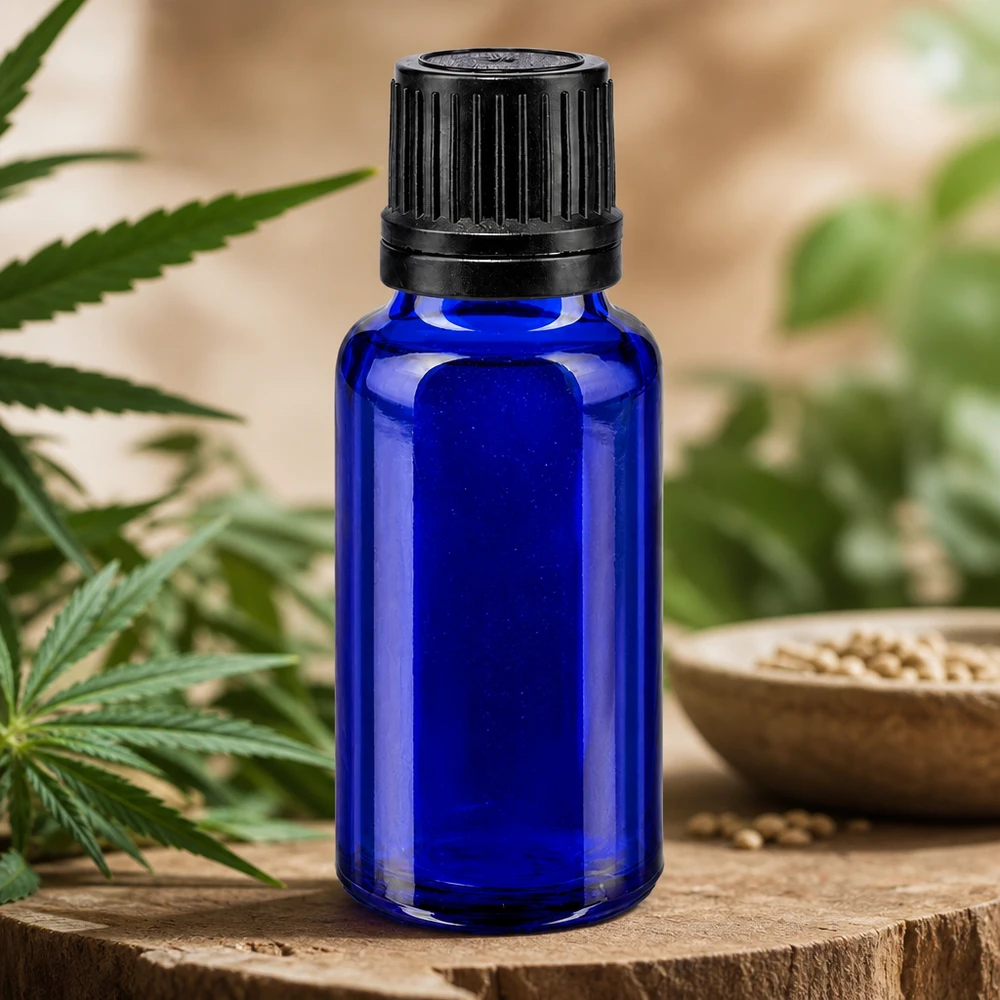 Flacone contagocce blu 20ml OV nero/1mm ApoGlas Flacone in vetro da farmacia da 20 ml di colore blu cobalto con tappo di sicurezza nero a prova di bambino e illustrazioni di piante di canapa