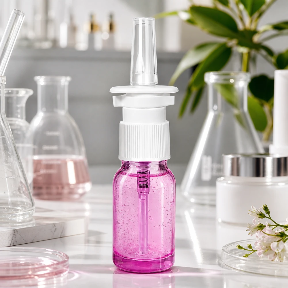 Flacone spray nasale da 10 ml bianco/trasparente standard PurpleLine. UT18/10 Flacone spray in vetro viola da 10 ml con attacco a pompa bianco per applicazioni nasali