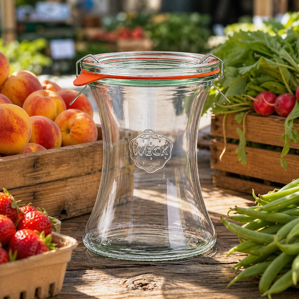 Vaso per salumeria WECK 370ml RR80 su tavolo di legno con frutta fresca e verdura atmosfera da bancarella presentazione naturale
