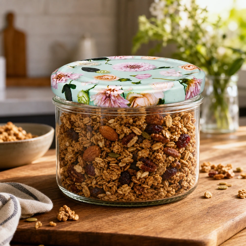 Barattolo cilindrico da 230 ml + coperchio BasicSeal a forma di fiore di menta Muesli in barattolo cilindrico da 230 ml con coperchio BasicSeal con fiori di menta su tavola di legno - barattolo per la decorazione della cucina