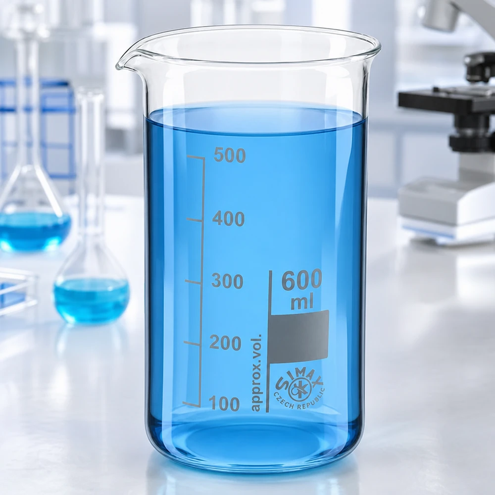 Bicchiere da 600 ml in vetro borosilicato, forma alta Becher da laboratorio trasparente da 600 ml, modello alto, con liquido blu su un tavolo da laboratorio bianco